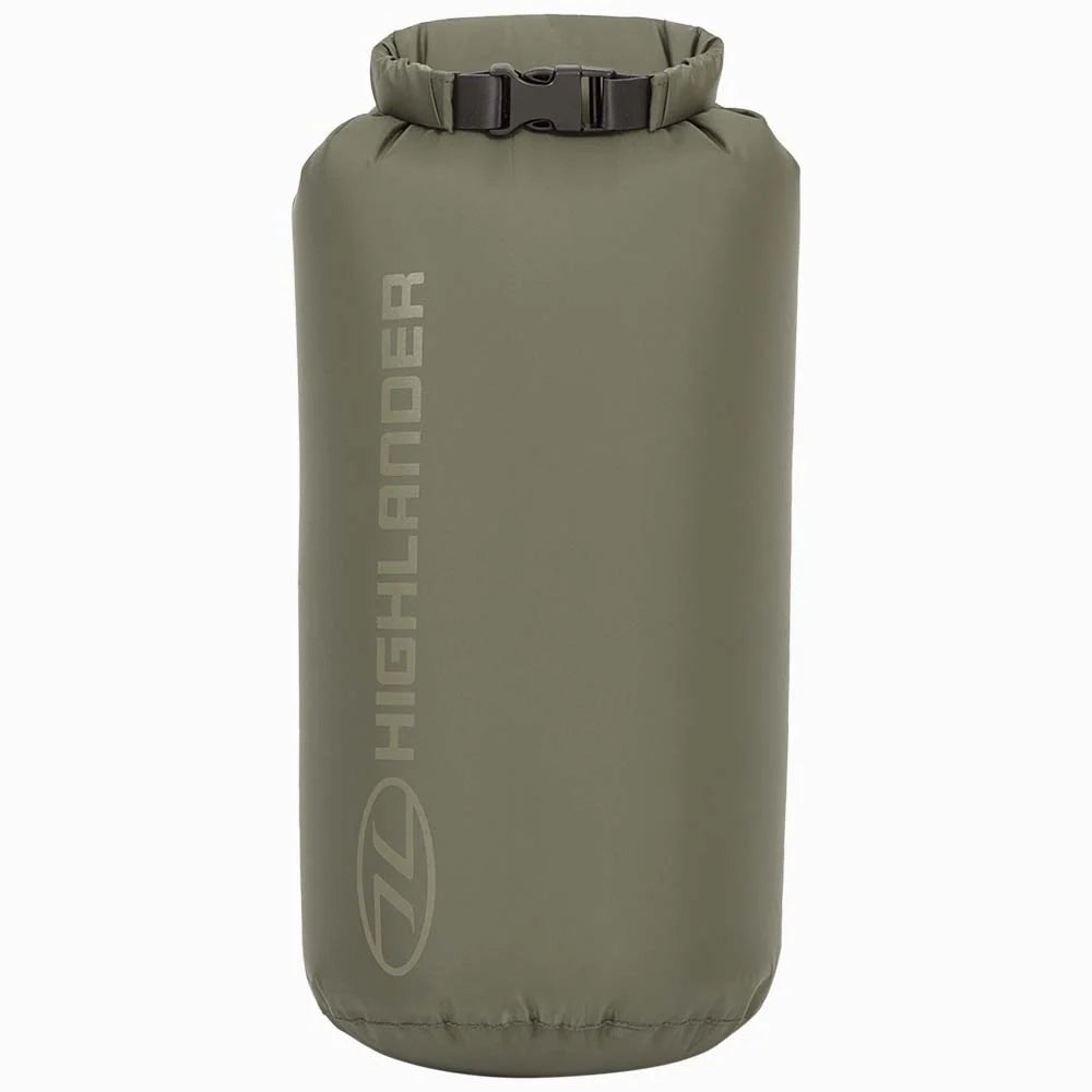 tall olive green Highlander dry bag showing cylindrical shape and logo