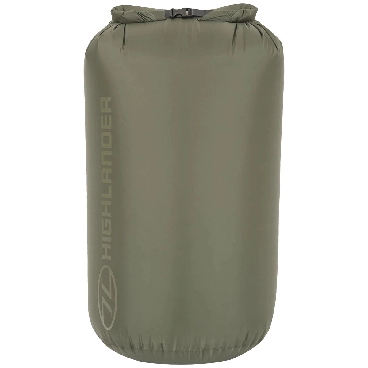 angled view of olive green Highlander dry bag with gathered top