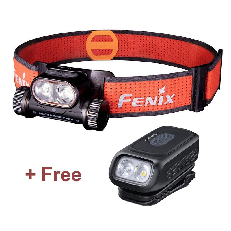 Fenix HM65R-T V2.0 black headtorch with orange strap and free E04R emergency clip light