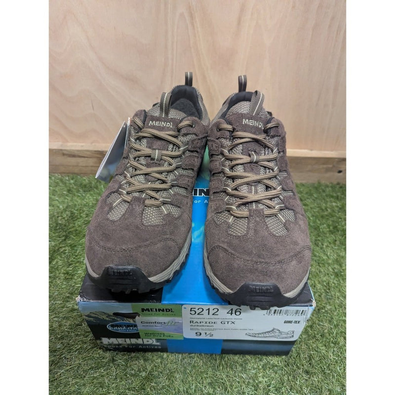 Brown Meindl Rapide GTX men's walking shoes with Gore-Tex lining on branded packaging box