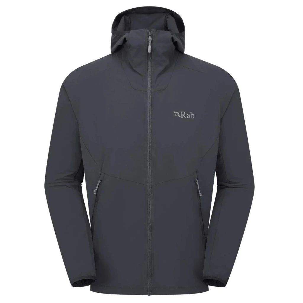 Charcoal grey Rab Borealis softshell hoody flat lay with hood and cuffs