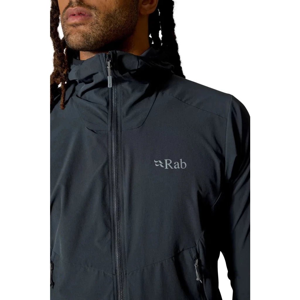 Close-up of Rab Borealis dark grey softshell hoody front zipper detail