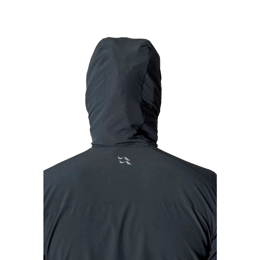 Model wearing Rab Borealis dark grey hoody with hood pulled up back view