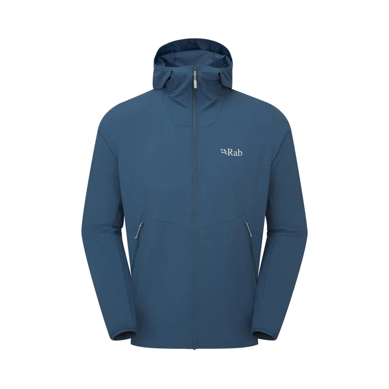 Slate blue Rab Borealis softshell jacket flat lay with zippered pockets