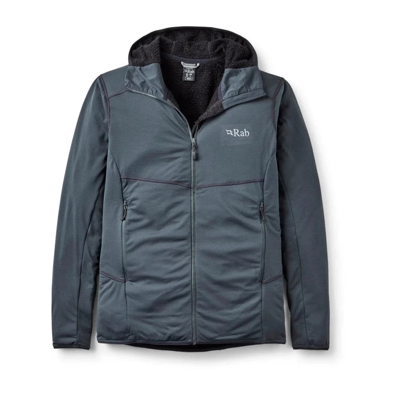 Dark grey Rab Evolute Hoody fleece jacket with full zip, hood, and chest pocket