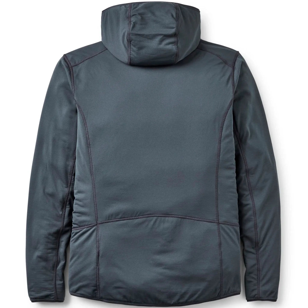 Back view of dark grey Rab Evolute Hoody showing seamless panel construction and stitching