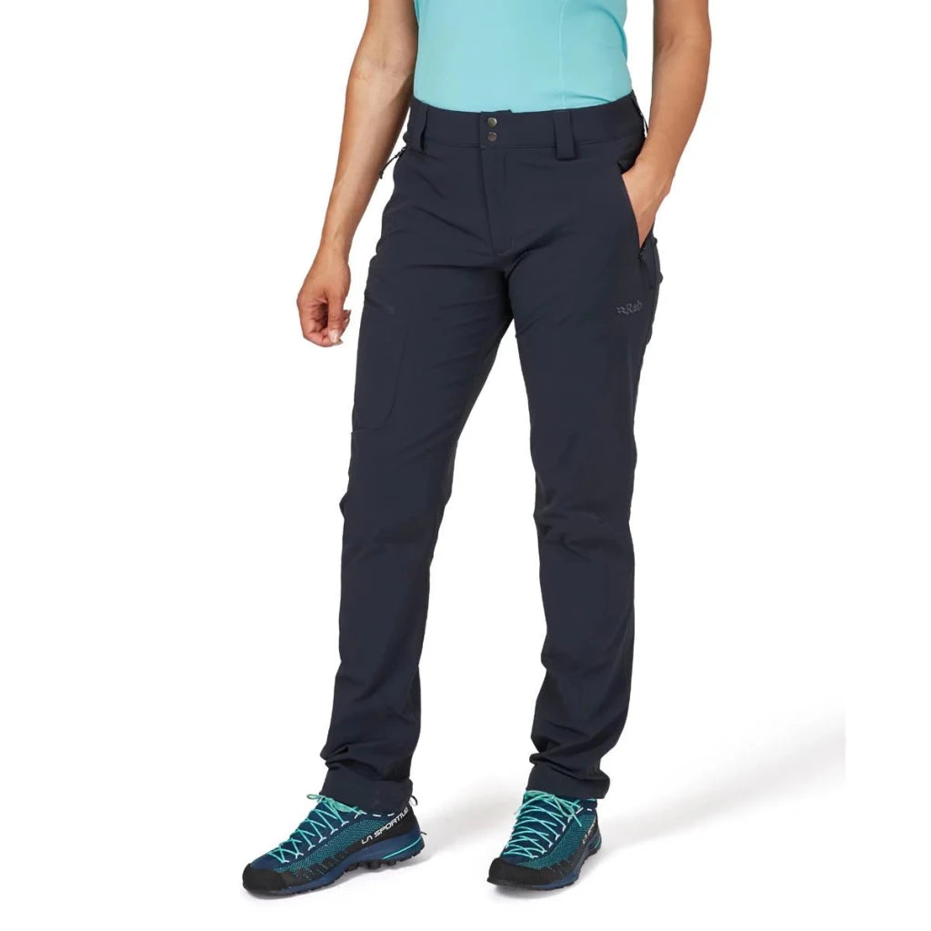 Rab Women's Incline Softshell Trousers in navy with side zip pocket