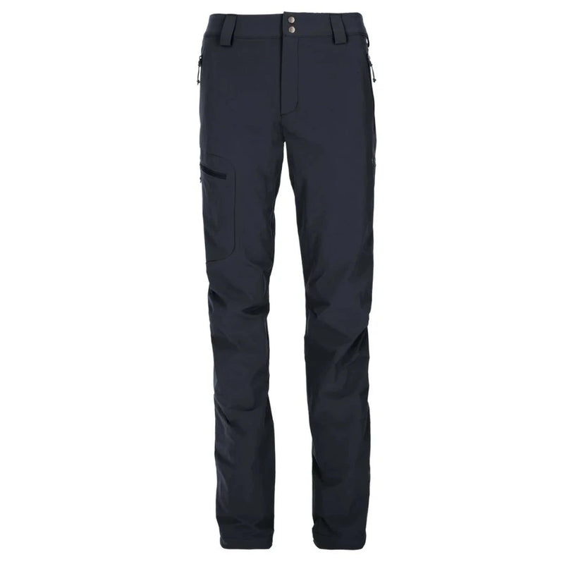 Dark navy Rab softshell trousers flat lay with cargo and hand pockets